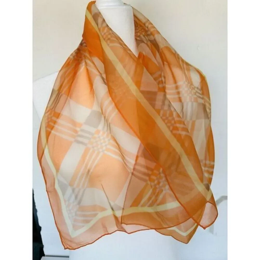Vintage 60's Scarf Multi Color Checker Print. Orange Gray  Cream.‎ Approx 40x15